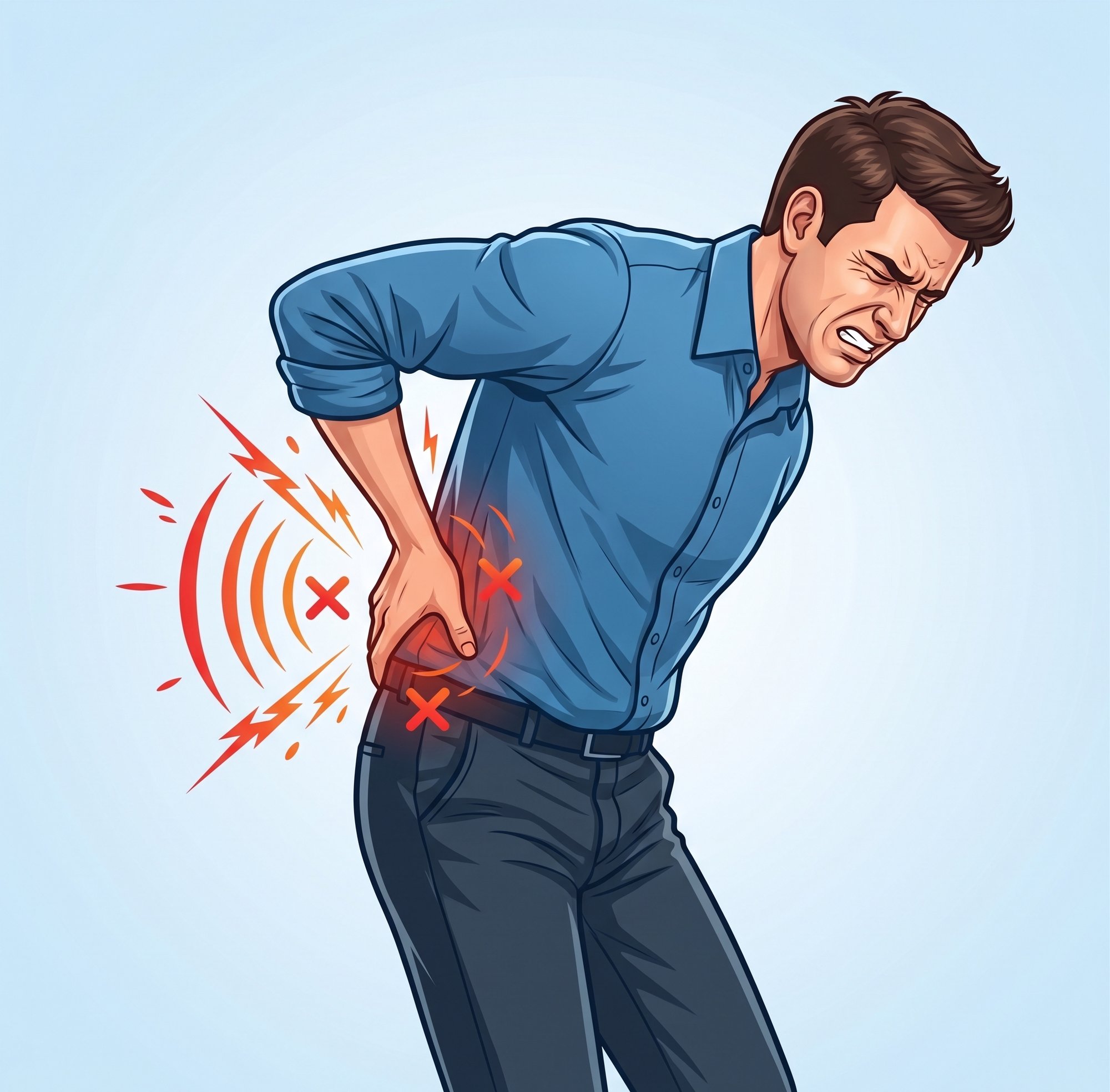 男性腰痛時以手按壓下背部，示意腰痛症狀