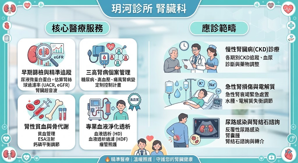 玥河診所腎臟科服務範疇示意圖：早期篩檢與精準追蹤、三高腎病個案管理、腎性貧血與骨代謝、專業血液淨化透析，以及慢性腎臟病、急性腎損傷、尿路感染與腎結石諮詢